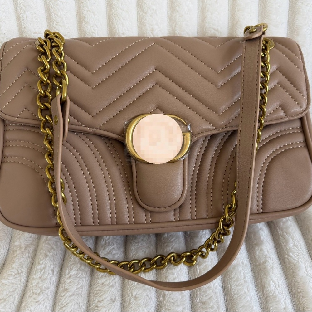 Quilted Taupe Chain Shoulder Bag - Chevron Crossbody